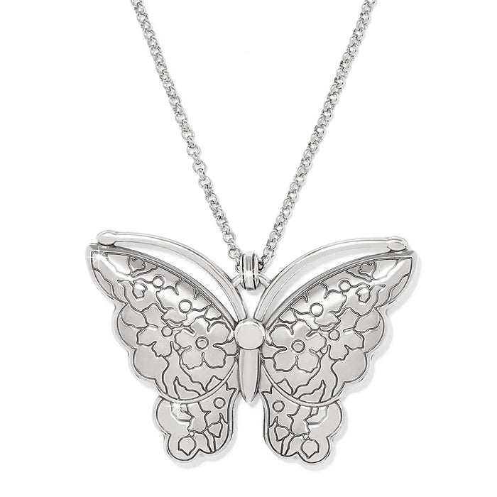 Brighton pendant necklace with silver-plated butterfly featuring engraved floral wing detail and rolo chain on a white background