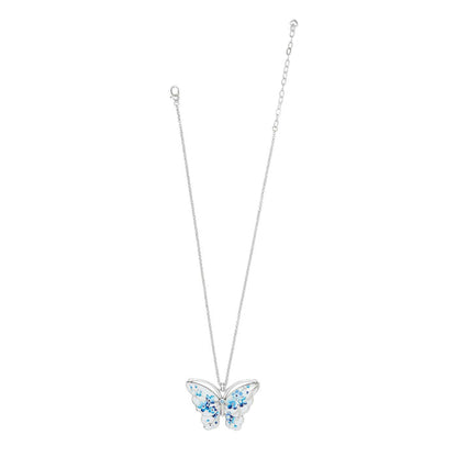 Brighton pendant necklace with silver-plated butterfly featuring blue enamel floral wings and crystal accent on a white background