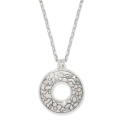 Brighton pendant necklace with silver-plated open circle charm featuring etched floral design and chain on a white background
