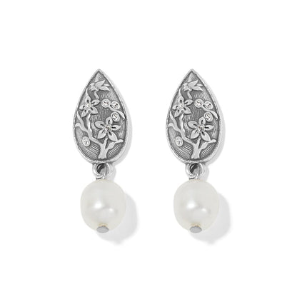 Brighton drop earrings with silver-plated teardrop floral motifs, crystal accents, and dangling pearls on a white background
