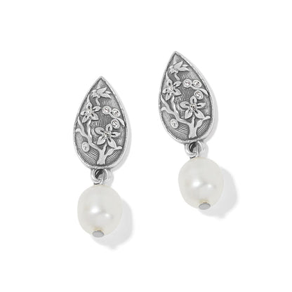 Brighton drop earrings with silver-plated teardrop floral motifs, crystal accents, and dangling pearls on a white background