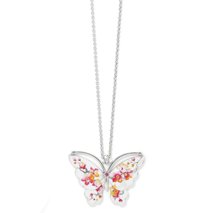 Brighton pendant necklace with silver-plated butterfly featuring pink and orange enamel floral design and crystal accent on a white background
