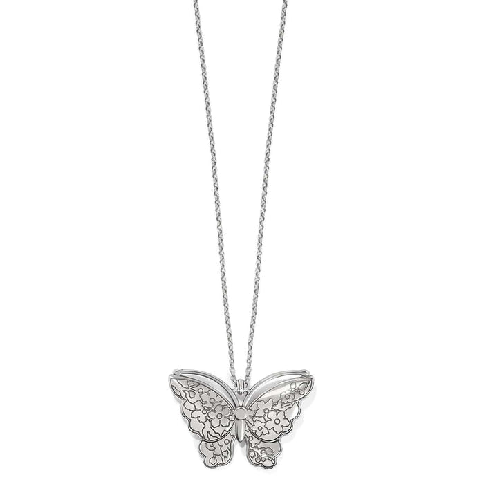 Brighton pendant necklace with silver-plated butterfly featuring engraved floral wing details on a white background