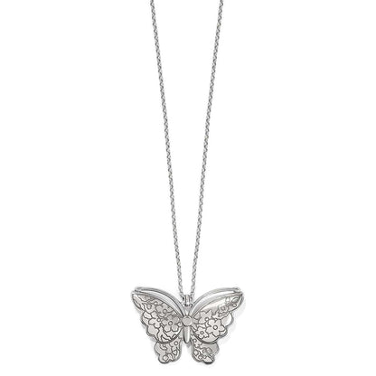 Brighton pendant necklace with silver-plated butterfly featuring engraved floral wing details on a white background