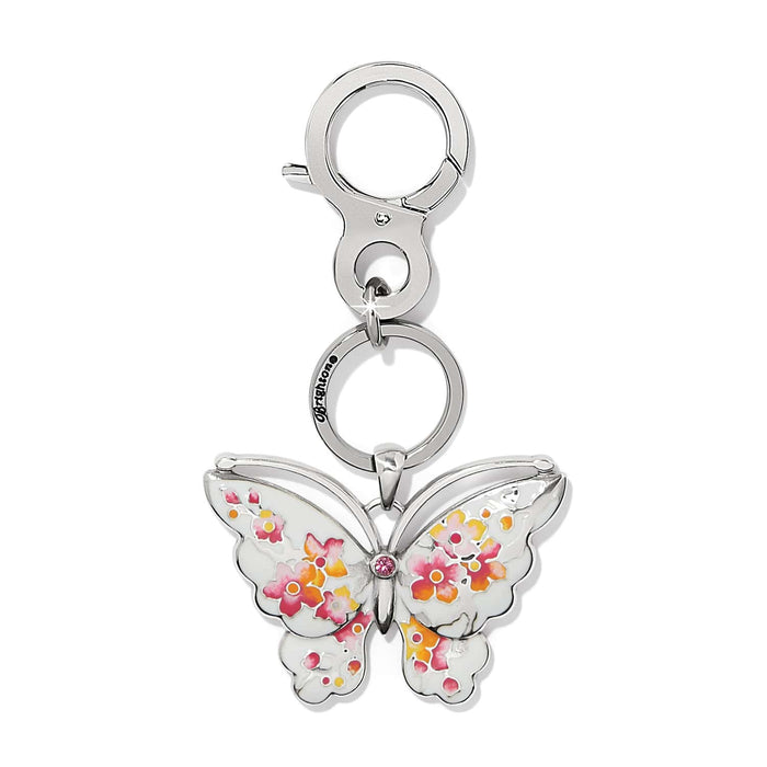 Brighton butterfly key fob with white enamel wings, pink and orange floral detail, and crystal accent on a white background