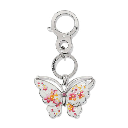 Brighton butterfly key fob with white enamel wings, pink and orange floral detail, and crystal accent on a white background