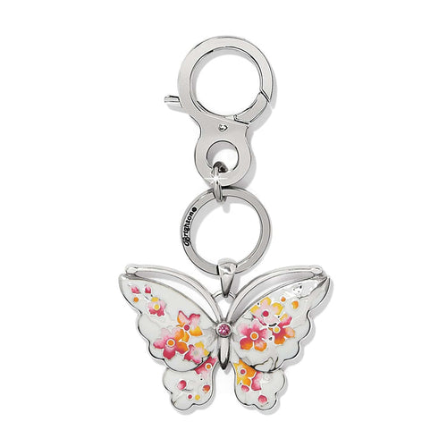 Brighton butterfly key fob with white enamel wings, pink and orange floral detail, and crystal accent on a white background
