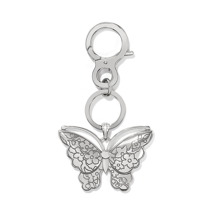 Brighton butterfly keychain with silver-tone floral engraved wings, crystal accent, and lobster clasp on a white background