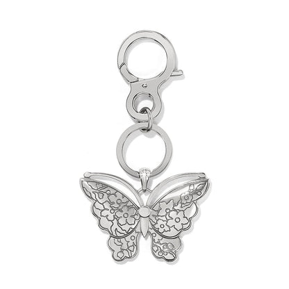Brighton butterfly keychain with silver-tone floral engraved wings, crystal accent, and lobster clasp on a white background