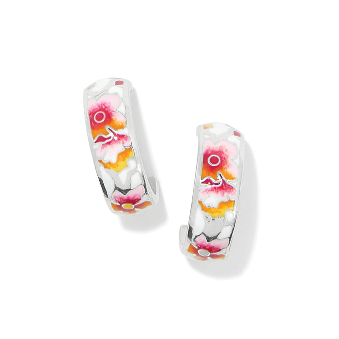 Brighton hoop earrings with pink, orange, and yellow floral enamel design and silver-plated finish on a white background