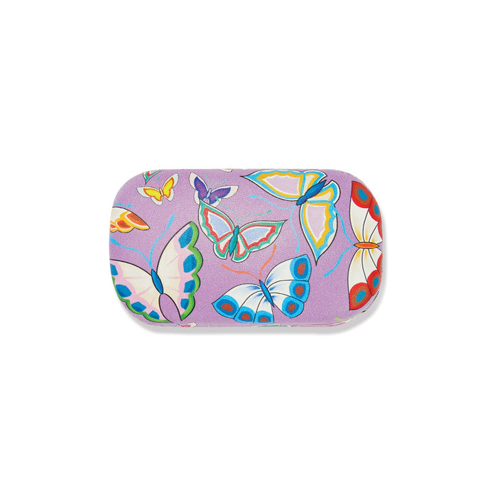 Brighton case with purple butterfly print featuring colorful illustrated butterflies in various sizes on a white background