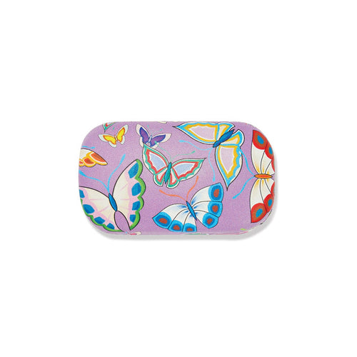 Brighton case with purple butterfly print featuring colorful illustrated butterflies in various sizes on a white background