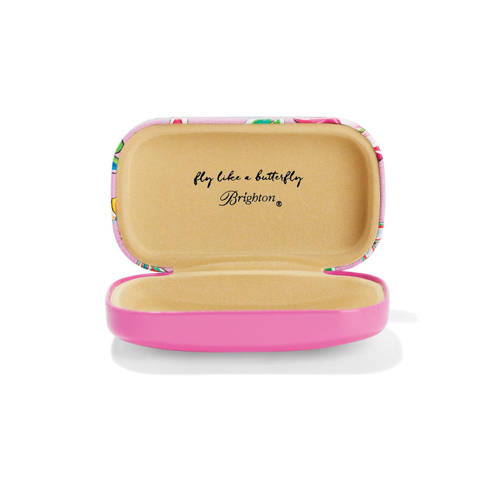 Brighton case shown open with pink trim, tan lining, and "fly like a butterfly" script on a white background