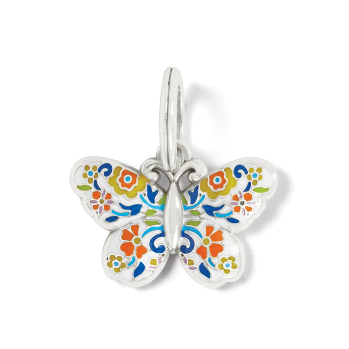 Brighton butterfly charm with colorful enamel floral pattern and silver-plated finish on a white background