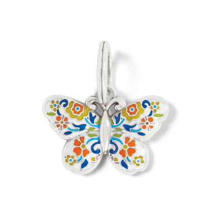Brighton butterfly charm with colorful enamel floral pattern and silver-plated finish on a white background