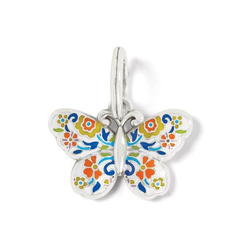 Brighton butterfly charm with colorful enamel floral pattern and silver-plated finish on a white background