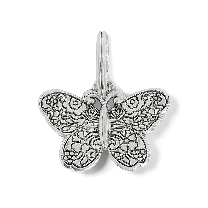 Brighton butterfly charm with silver-plated finish and detailed floral engraved wings on a white background