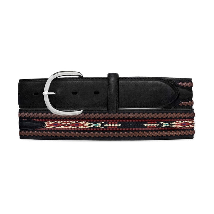 Brighton black leather belt with silver-tone buckle, braided edges, and southwestern woven pattern on a white background