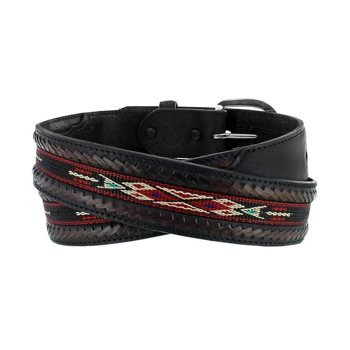 Brighton black leather belt with woven trim, red and cream Aztec-pattern inlay, and silver-tone buckle on a white background