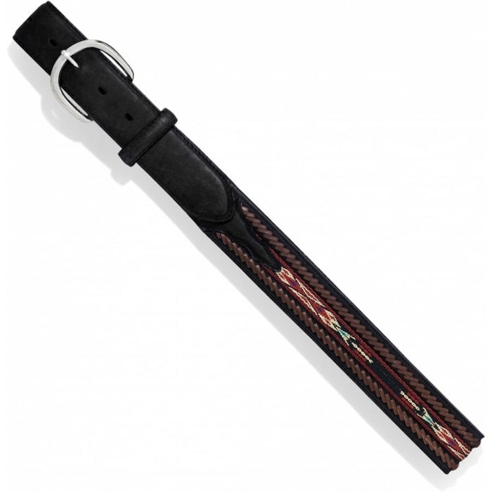 Brighton black leather belt with silver-tone round buckle and woven multicolor southwestern inlay detail on a white background