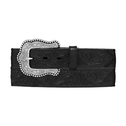 Brighton black leather belt with tooled scroll pattern and ornate silver-tone engraved buckle on a white background