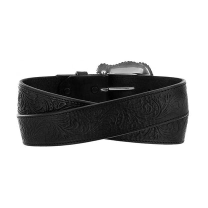 Brighton black leather belt with embossed floral tooled pattern and silver-tone buckle on a white background