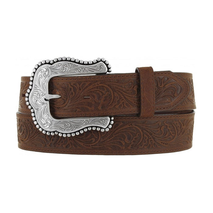 Brighton tooled brown leather belt with floral embossed pattern and ornate silver-tone scroll buckle on a white background