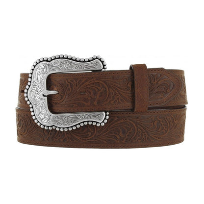 Brighton tooled brown leather belt with floral embossed pattern and ornate silver-tone scroll buckle on a white background