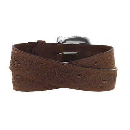 Brighton brown tooled leather belt with floral scroll embossed pattern and silver-tone buckle on a white background