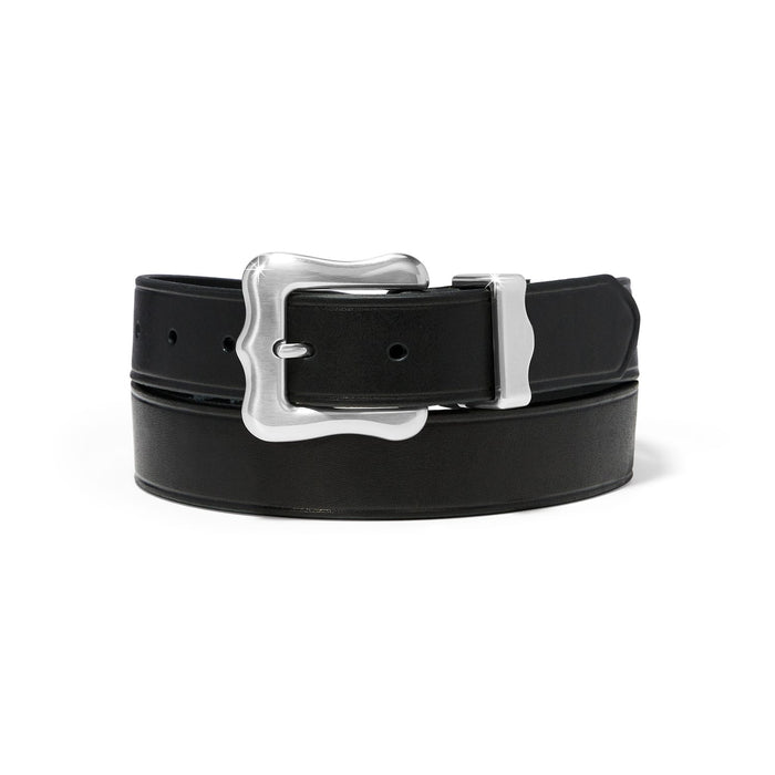 Brighton black leather belt with silver-tone shaped buckle and matching keeper loop on a white background
