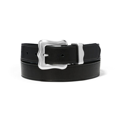 Brighton black leather belt with silver-tone shaped buckle and matching keeper loop on a white background