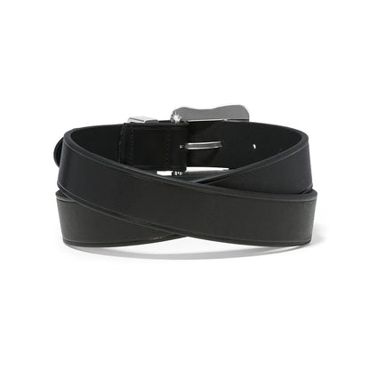 Brighton black leather belt coiled with silver-tone buckle and single-prong closure on a white background