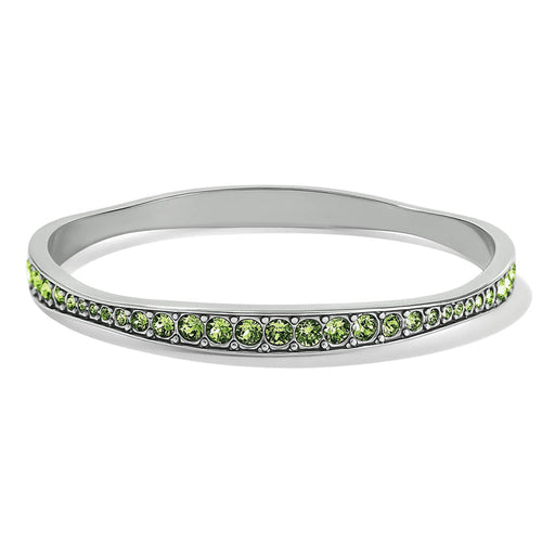 Brighton bangle bracelet with green crystal row and silver-plated finish on a white background