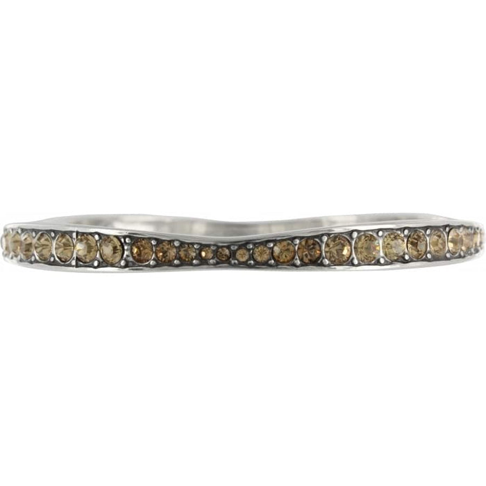 Brighton silver-plated bangle bracelets stacked with orange, purple, clear, pink, green, and blue crystals on a white background