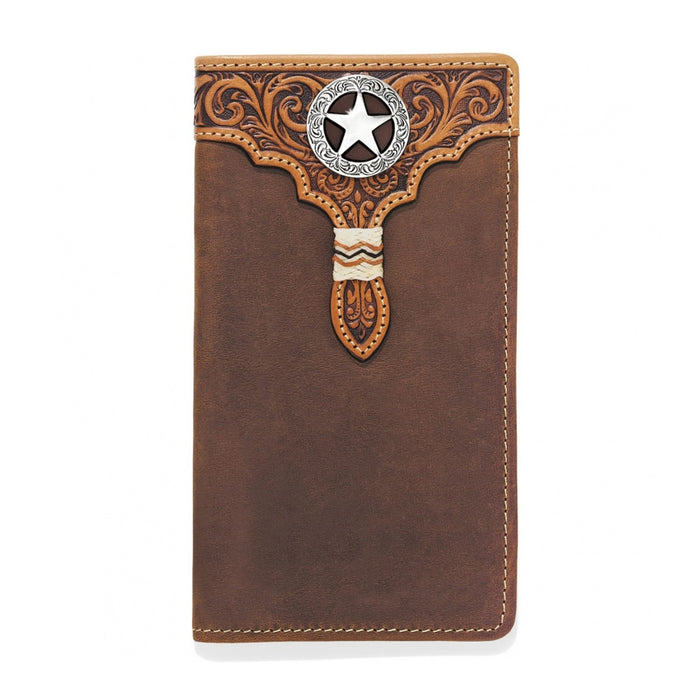 Brighton brown leather wallet with tooled floral overlay, silver-tone star concho, and woven accent on a white background
