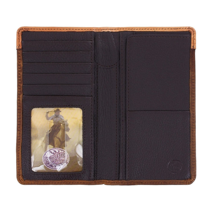 Brighton bifold wallet shown open with brown leather interior, card slots, and clear ID window on a white background