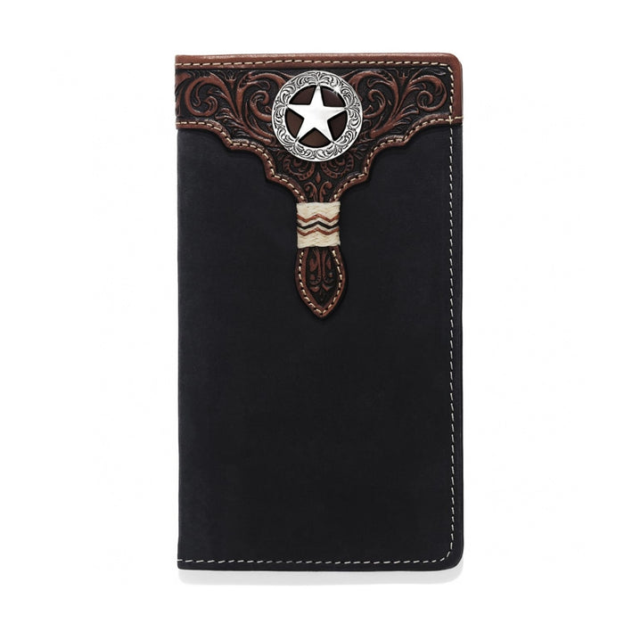 Brighton black leather wallet with tooled brown leather trim, silver-tone star concho, and braided accent on a white background
