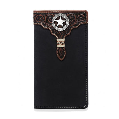 Brighton black leather wallet with tooled brown leather trim, silver-tone star concho, and braided accent on a white background