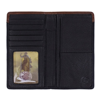 Brighton bifold wallet shown open with black leather interior, multiple card slots, and ID window on a white background