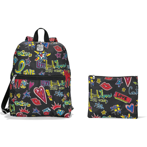 Brighton backpack with matching pouch featuring graffiti-style love, dream, hearts, and lips print on a white background
