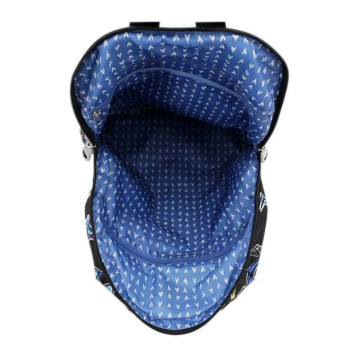 Close-up of Brighton backpack interior view showing blue heart-print lining with zippered pocket compartment