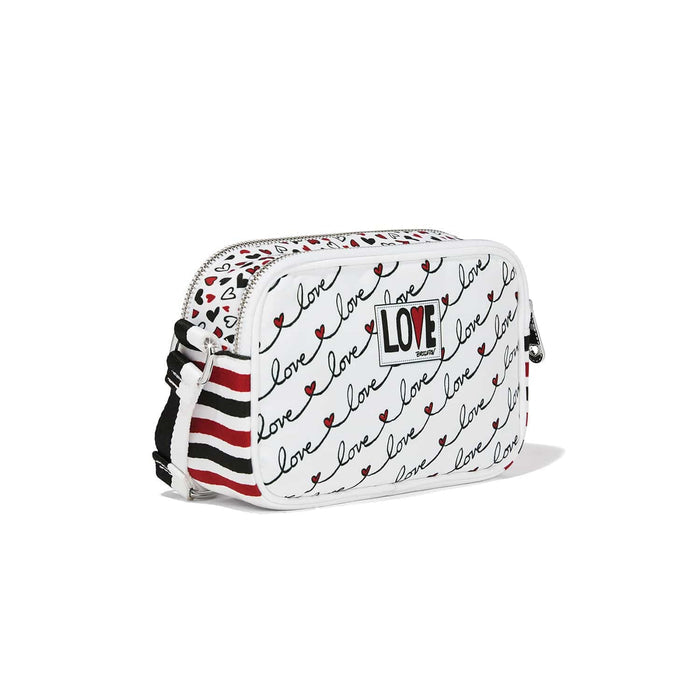 Brighton crossbody handbag with white love script print, red striped strap, and LOVE patch on a white background