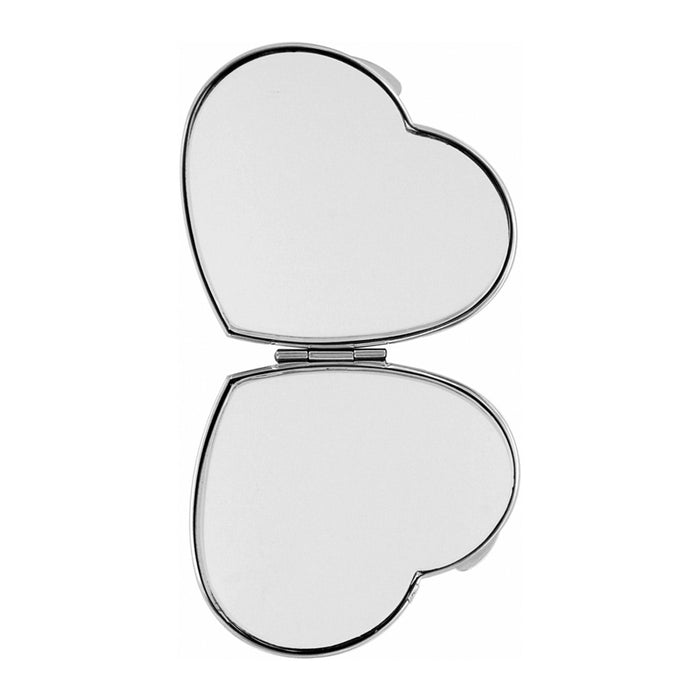 Brighton heart-shaped compact mirror shown open with silver-tone frame and dual reflective surfaces on a white background