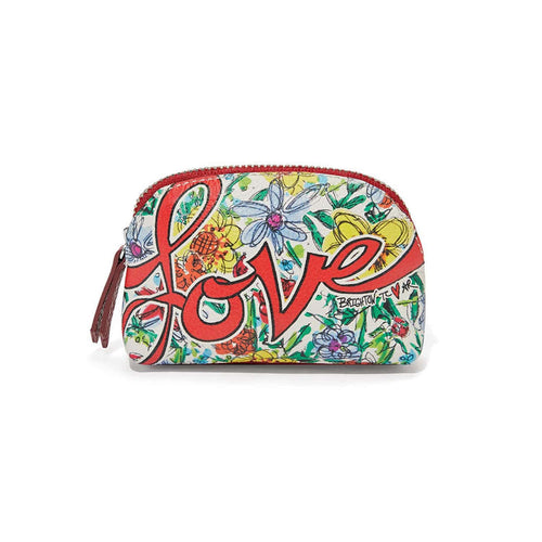 Brighton zip pouch with red Love script and colorful floral print, with red zipper, on a white background