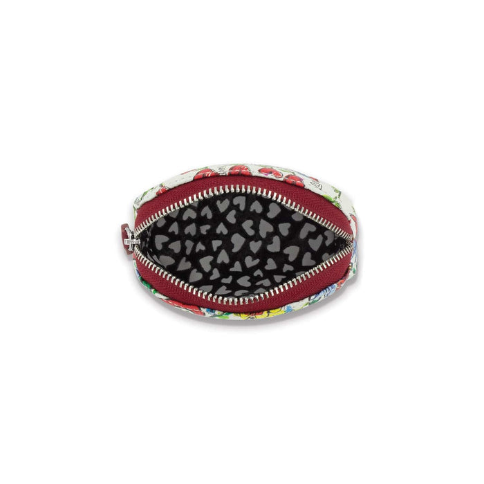 Brighton pouch shown open with floral print exterior, red zipper, and black heart-patterned interior on a white background