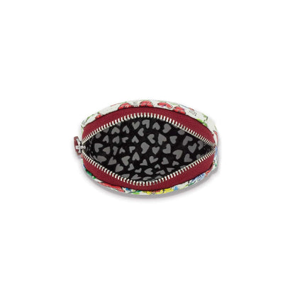 Brighton pouch shown open with floral print exterior, red zipper, and black heart-patterned interior on a white background