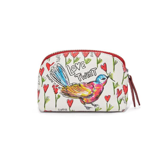 Brighton zip pouch with illustrated bird and hearts print, red zipper, and Love Tweet text on a white background
