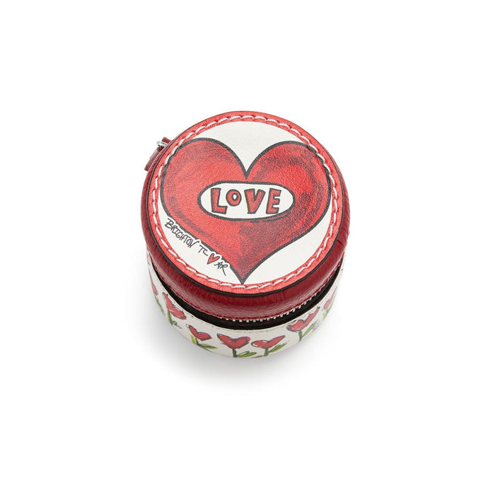 Brighton round leather zip case with red heart and Love graphic, floral side print, on a white background