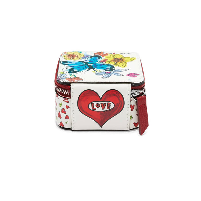 Brighton leather jewelry case with floral butterfly print, red heart love graphic, and zip closure on a white background