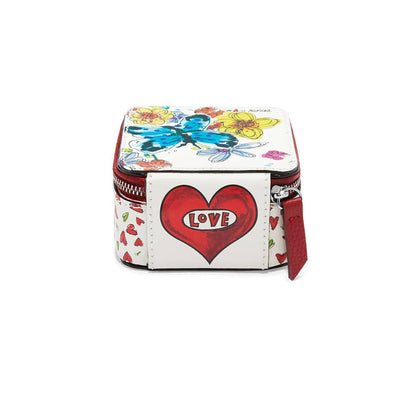 Brighton leather jewelry case with floral butterfly print, red heart love graphic, and zip closure on a white background